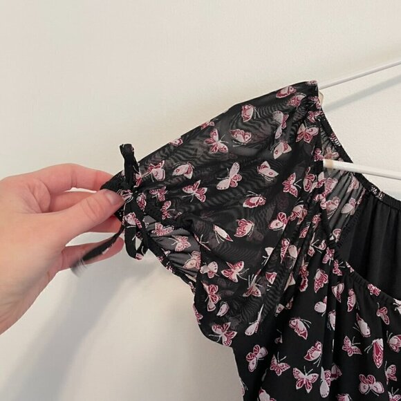 ULTRA FLIRT Black Burgundy Butterfly Print Mesh Tie Neck Y2K Ruched Mini Dress M - Picture 8 of 15